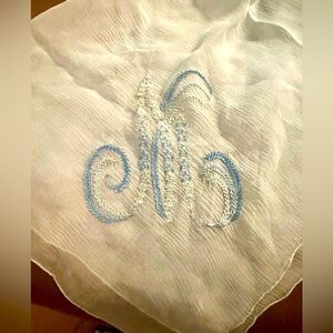 Delicately Handmade Monogrammed Handkerchief Light Blue Letter M Scarf